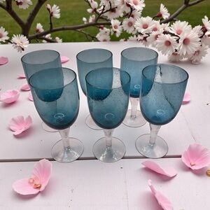 6 Aquamarine Hand Blown Bubble Water/Wine Glass Goblet Clear Base Stem